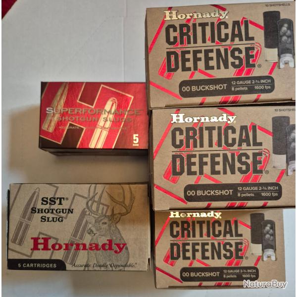 Lot 110 cartouches Calibre 12 Hornady 12/70- 80 CRITICAL DEFENSE Buckshot + 30 Balles SST & MonoFlex