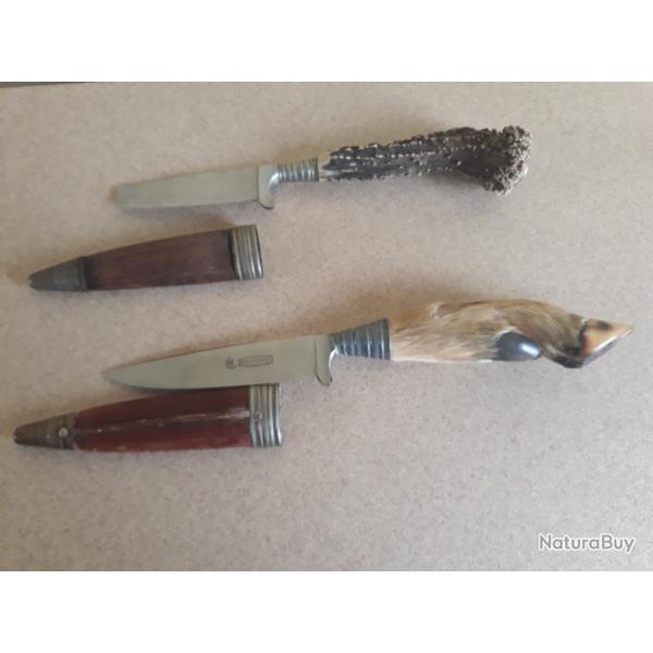 2 couteaux de chasse ancien 1 HL Rostfrei patte de chevreuil lame neuf (ou Jagdnicker)+ 1 lame cass�