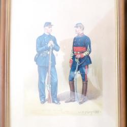 Gouache encadr&eacute;e repr&eacute;sentant un officier et un soldat de la garde nationale par :J.E. Hilpert
