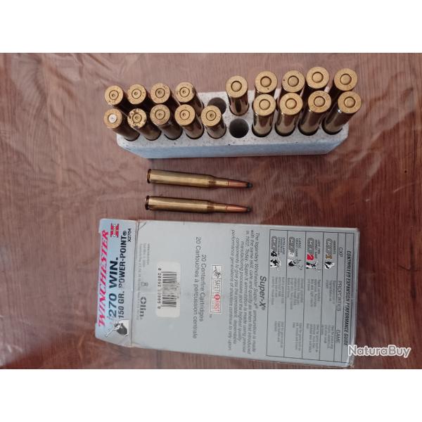 Vend lot de 11 munitions 270 Winchester 150 GR + 9 �tuis vide