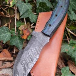 Couteau de Chasse Trakker Damas Lame 256 Couches Manche Bois Atlantide Fabr Artisanale Etui Cuir