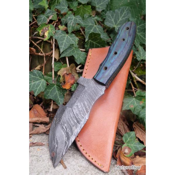 Couteau de Chasse Trakker Damas Lame 256 Couches Manche Bois Atlantide Fabr Artisanale Etui Cuir