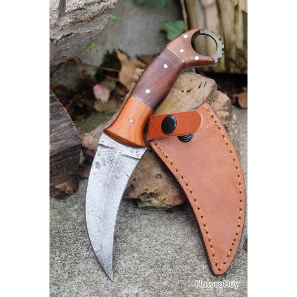 Couteau Karambit Lame Acier Damas 256 Couches Manche 2 Bois Etui Cuir Fabrication Artisanale 01