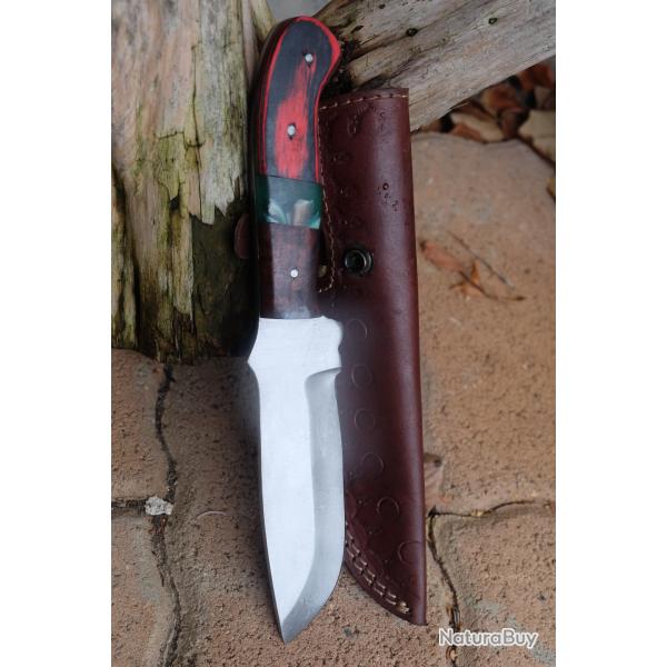 Couteau de Chasse Bushcraft Lame Drop Point Acier Carbone 1055 Manche Bois Etui Cuir Fabr Artisanale