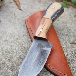 Couteau Skinner de Poche Lame Clip Point Acier Carbone 1075 Manche 2 Bois Etui Cuir Fab Artisanale01
