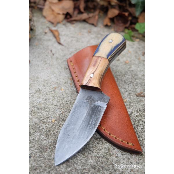 Couteau Skinner de Poche Lame Clip Point Acier Carbone 1075 Manche 2 Bois Etui Cuir Fab Artisanale01