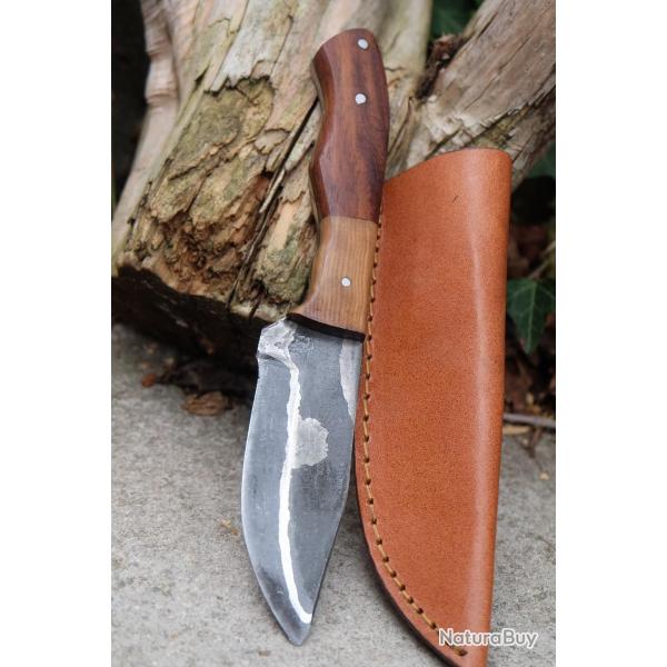 Couteau Little Skinner Lame Lamin�e 3 Couches Acier Carbone 1075 Manche Os Etui Cuir Fab Artisanale