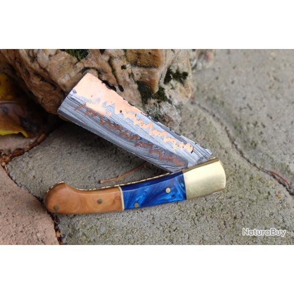 Couteau Gentleman Lame Damas Acier/Laiton 128 Couches Butcher Manche Bois/R�sine Fabric Artisanale