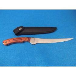 Couteau Fixe Elk Ridge Fillet Lame Acier 440 Manche Bois Lamell&eacute; Marron &Eacute;tui Nylon ER028