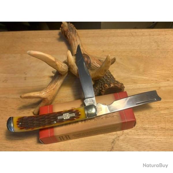 Couteau Pliant Rough Rider Razor Trapper Lame Acier Inox Manche Os Jigged Ambre Slip Joint RR072