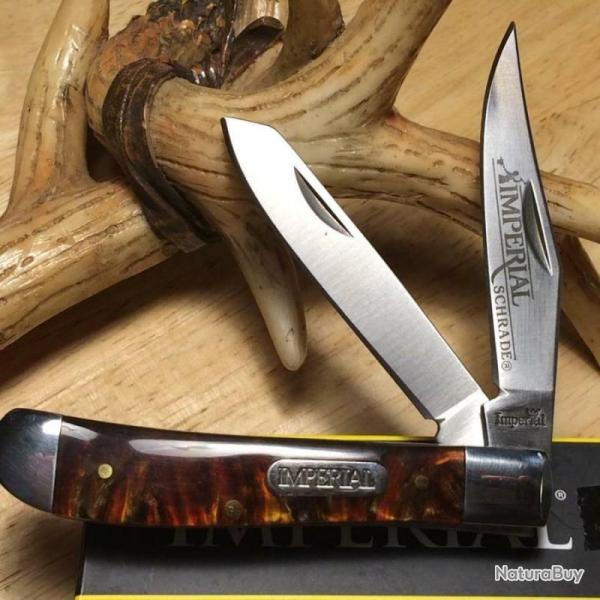 Couteau Pliant Imperial Schrade Medium Trapper Lame Acier Inox Manche Cellulo�d Ambre Slip Joint