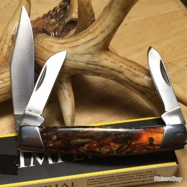 Couteau Pliant Imperial Schrade Medium Stockman Lame Acier Inox Manche Cellulo�d Ambre Slip Joint