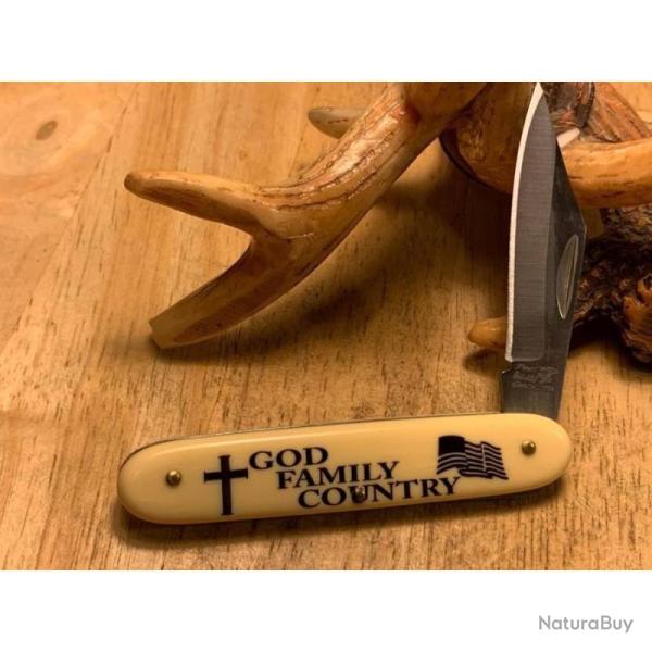 Lot de 3 Couteau Pliant Frost Cutlery God Family Country Lame Inox Manche POM Ivoire Slip Joint