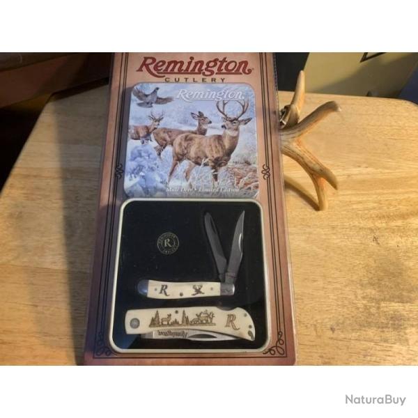 Couteau Remington Coffret Mule Deer 2 Couteaux Lame Acier Inox Manche Os Blanc Lockback/Slip Joint