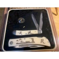 Couteau Remington Coffret 2 Couteaux Pheasant Lame Acier Inox Manche Os Blanc Lockback/Slip Joint