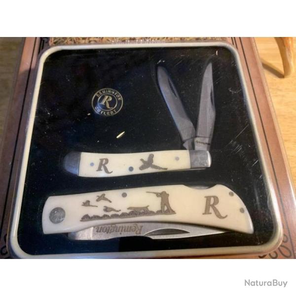 Couteau Remington Coffret 2 Couteaux Pheasant Lame Acier Inox Manche Os Blanc Lockback/Slip Joint