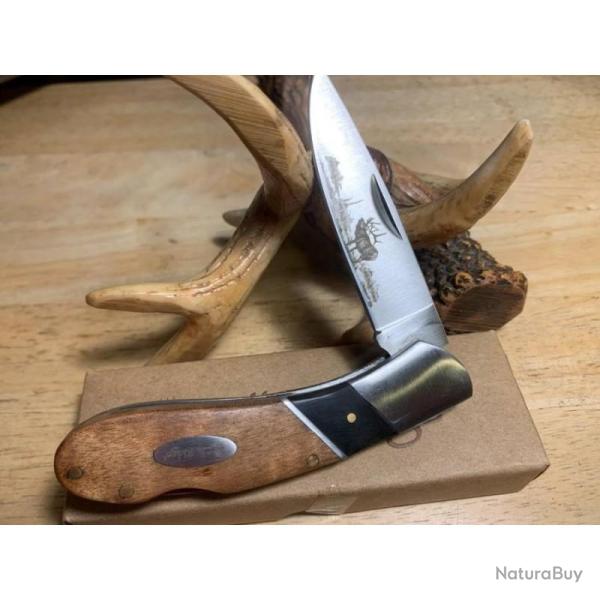 Couteau Pliant Elk Ridge Deer Lame Acier 440 Manche Bois de Ronce Noir et Marron Lockback ER072D