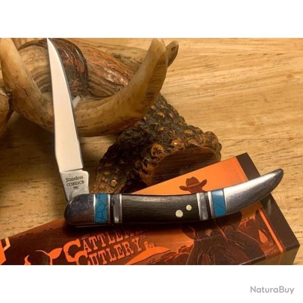 Couteau Cattleman's Cutlery Cheyenne Lame Acier 3Cr13 Manche Bois Noir et Pierre Bleue Slip Joint