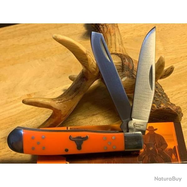 Couteau Cattleman's Cutlery Brahma Bull Trapper Lame Acier 3Cr13 Manche Delrin Orange Slip Joint