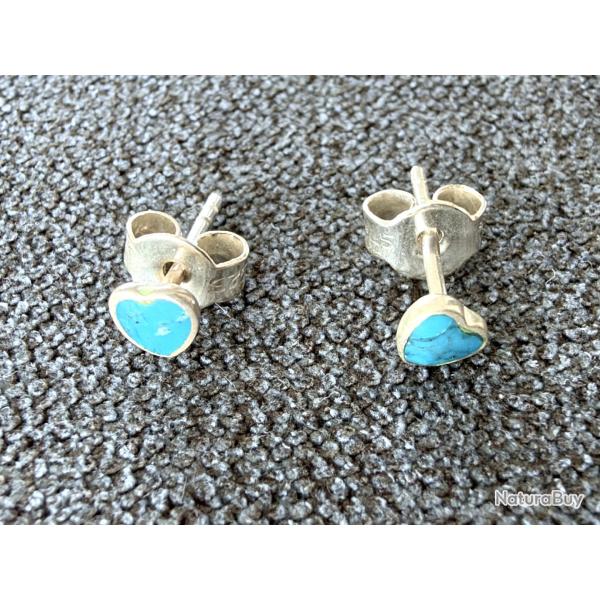 Boucles d'oreilles coeur en argent et turquoise - neuves - prix fixe