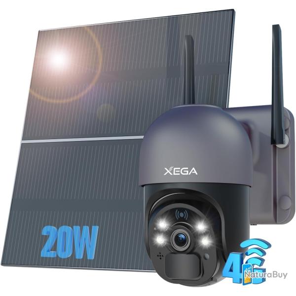Cam�ra Surveillance Solaire 20W 4G 2K HD Vision Nocturne Carte Sim �tanche IP66 Batterie 20000mAh
