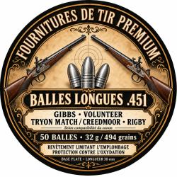 50 balles longues 451 - 494 grains - Gibbs, Volunteer, Tryon Match / Creedmoor, Rigby