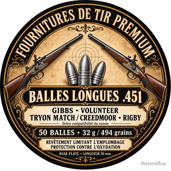 50 balles longues 451 - 494 grains - Gibbs, Volunteer, Tryon Match / Creedmoor, Rigby