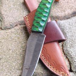 Skinner Couteau de Chasse Damas Lame 256 Couches Manche Bois 3D Green Fabr Artisanale Etui Cuir