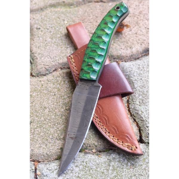 Skinner Couteau de Chasse Damas Lame 256 Couches Manche Bois 3D Green Fabr Artisanale Etui Cuir