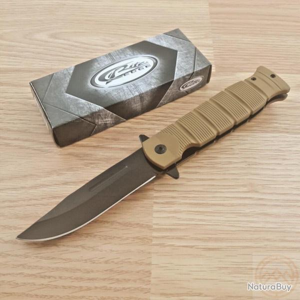Couteau Semi Automatique Tactical Urbain Lame Clip Point Acier Inox Manche Desert Linerlock 480BR
