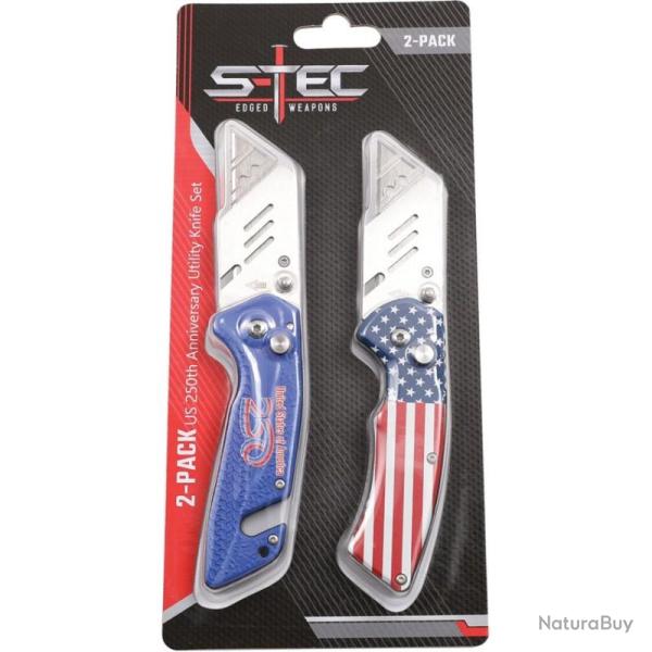 Lot de 2 Cutters S-TEC Utility 250th Lame Acier Inox Manche Alu Bleu Blanc Rouge Button STT20250SET1