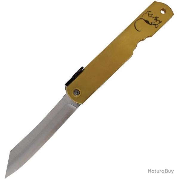 Couteau Higonokami Warikomi Rat Lame Acier Aogami Manche Laiton Dor� Friction HIGOZOD06