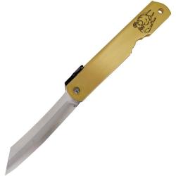 Couteau Higonokami Warikomi Mouton Lame Acier Aogami Manche Laiton Dor&eacute; Friction HIGOZOD09