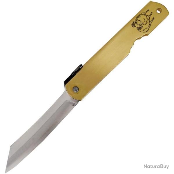 Couteau Higonokami Warikomi Mouton Lame Acier Aogami Manche Laiton Dor� Friction HIGOZOD09