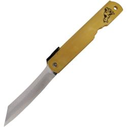 Couteau Higonokami Warikomi Chien Lame Acier Aogami Manche Laiton Dor&eacute; Friction HIGOZOD10