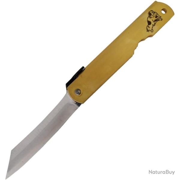 Couteau Higonokami Warikomi Chien Lame Acier Aogami Manche Laiton Dor� Friction HIGOZOD10