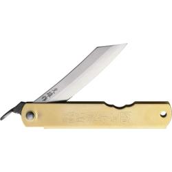 Couteau Higonokami Warikomi Lapin Lame Acier Aogami Manche Laiton Dor&eacute; Friction HIGOZOD12