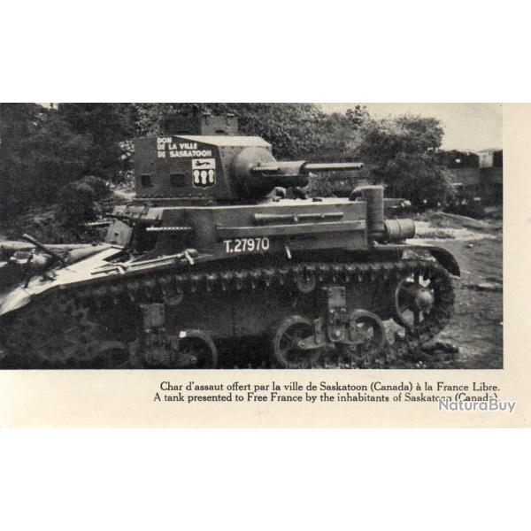 Carte postale illustr�e char de combat Saskatchewan France Libre- N�8865