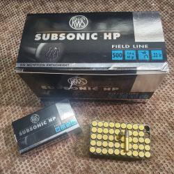 lot de 10 boites soit 500 cartouches RWS de 22 LR mle SUBSONIC HP &agrave; balle plomb creuse de 40 grs
