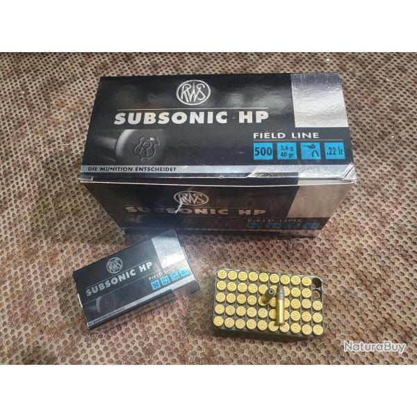 lot de 10 boites soit 500 cartouches RWS de 22 LR mle SUBSONIC HP � balle plomb creuse de 40 grs