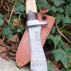 Couteau Poignard Lame Acier Damas 256 Couches Manche Os/Bois Garde Nickel Etui Cuir Fab Artisanale