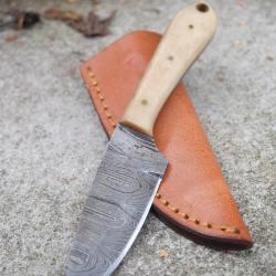 Couteau Skinner de Poche Lame Acier Damas 256 Couches Manche Os Etui Cuir Fab Artisanale