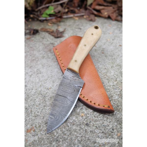 Couteau Skinner de Poche Lame Acier Damas 256 Couches Manche Os Etui Cuir Fab Artisanale