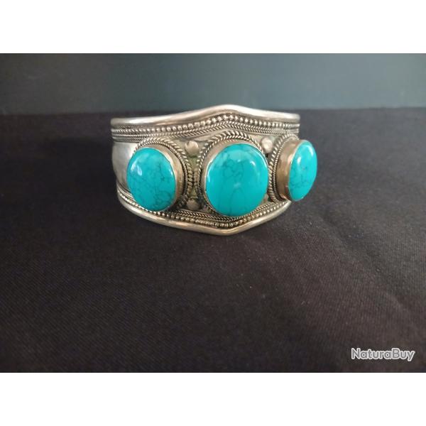 Bracelet manchette ethnique en plaqu� argent et turquoise