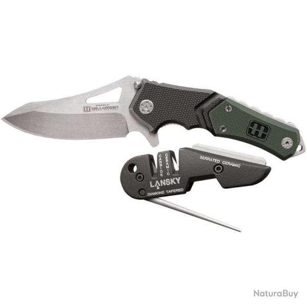 Couteau Pliant Lansky Responder X9 + Aff�teur Lame Acier 12C27 Manche G10 Noir et Vert Linerlock