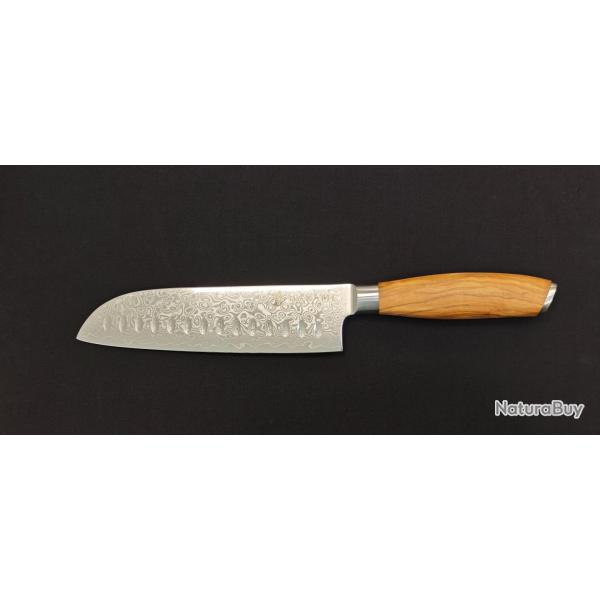 Hakami Tsubaki HATSU3 - Couteau Santoku Damas 18 cm - Manche en Bois d'Olivier
