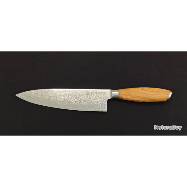 Hakami Tsubaki HATSU4 - Couteau de Chef Damas 20 cm - Manche en Bois d'Olivier
