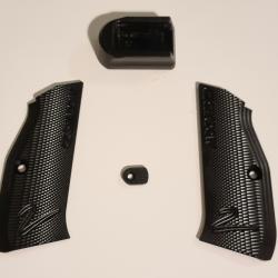 Plaquettes de poign&eacute;e alu + Talon de chargeur CZ 2 coups + Bouton de lib&eacute;ration du chargeur.