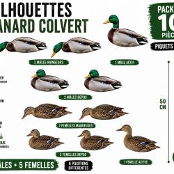 Pack 10 silhouettes canard colvert HD - 5 m&acirc;les et 5 femelles