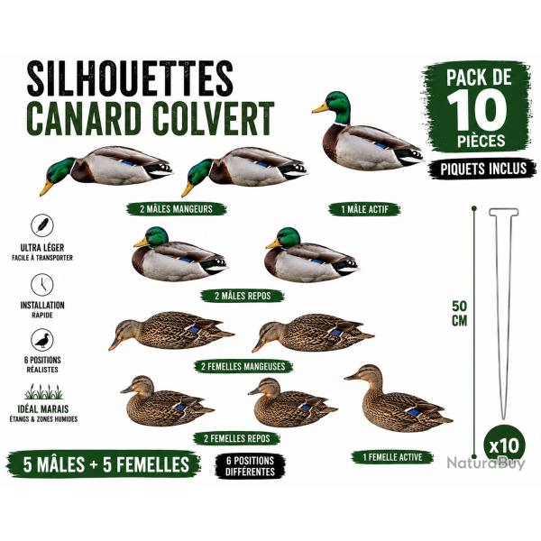 Pack 10 silhouettes canard colvert HD - 5 m�les et 5 femelles